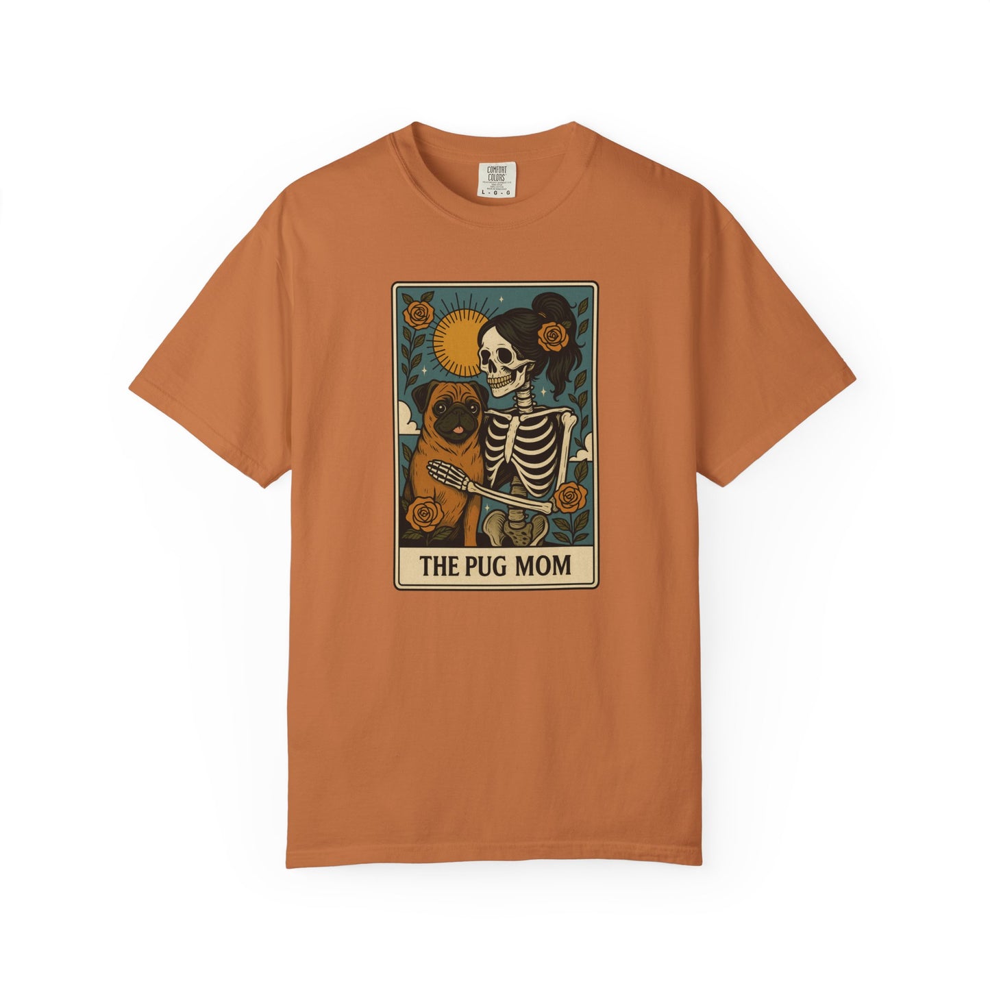 Pug Mom Shirt, Comfort Colors® Skeleton Tarot Card Dog Mom Halloween T-Shirt, Spooky Season Pug Lover Fall Tee for Women, Pug Dog Gift