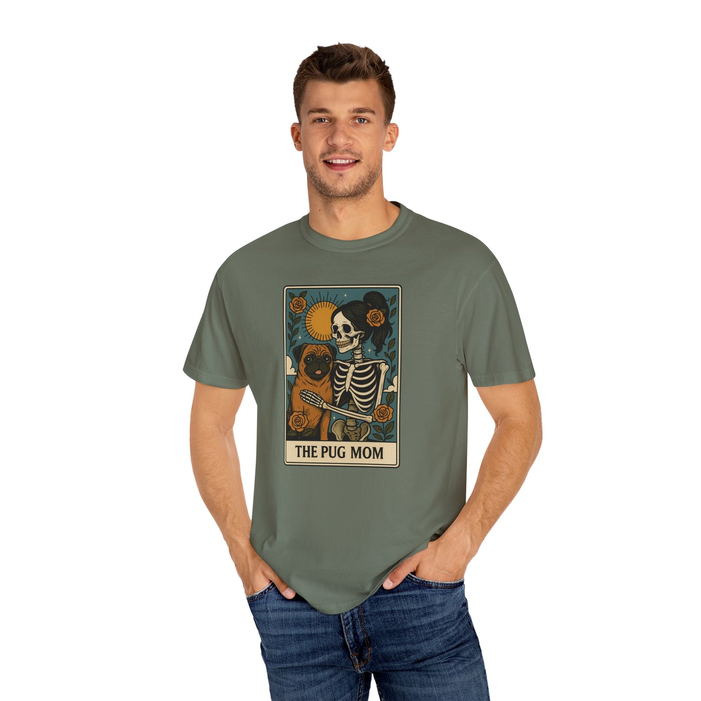 Pug Mom Shirt, Comfort Colors® Skeleton Tarot Card Dog Mom Halloween T-Shirt, Spooky Season Pug Lover Fall Tee for Women, Pug Dog Gift