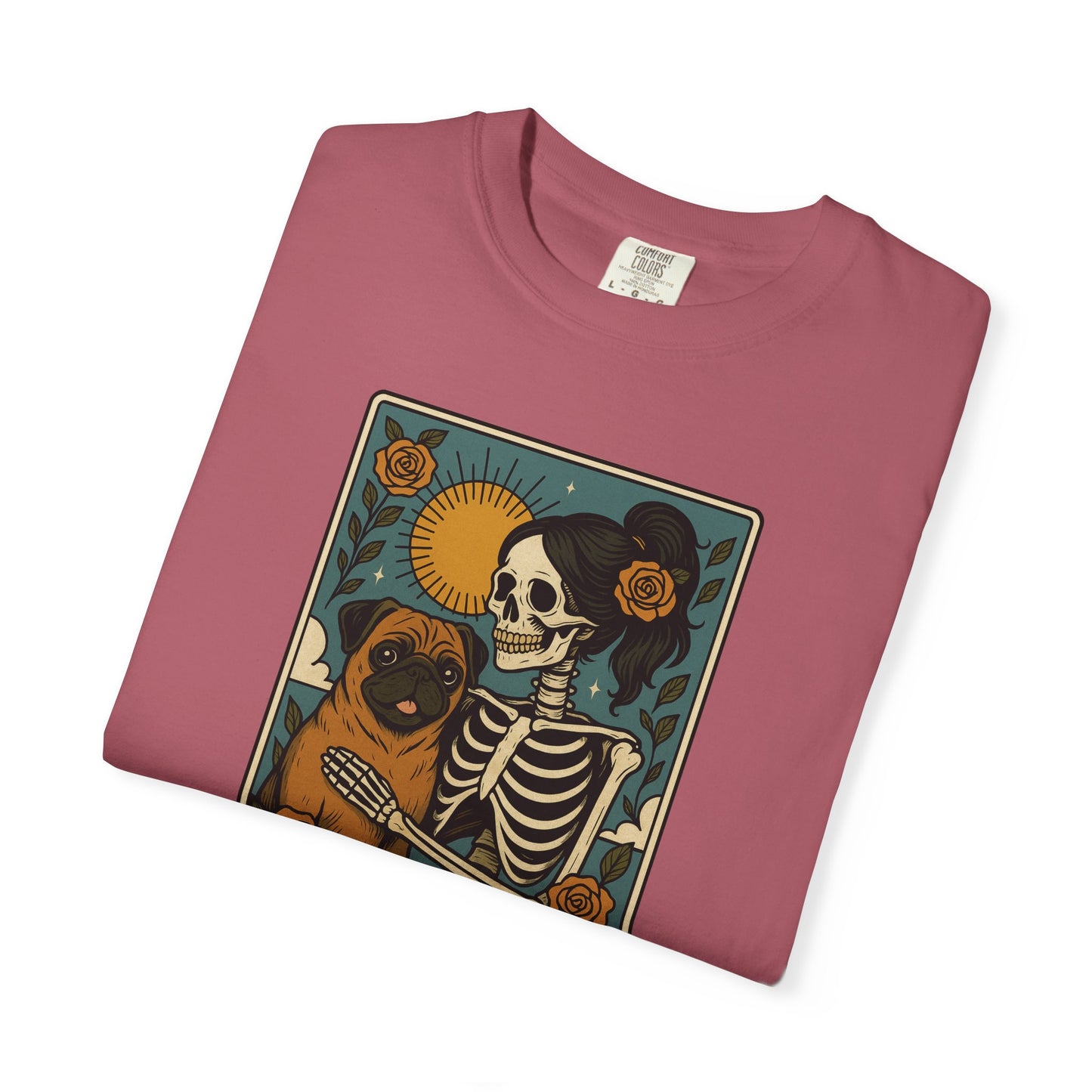 Pug Mom Shirt, Comfort Colors® Skeleton Tarot Card Dog Mom Halloween T-Shirt, Spooky Season Pug Lover Fall Tee for Women, Pug Dog Gift