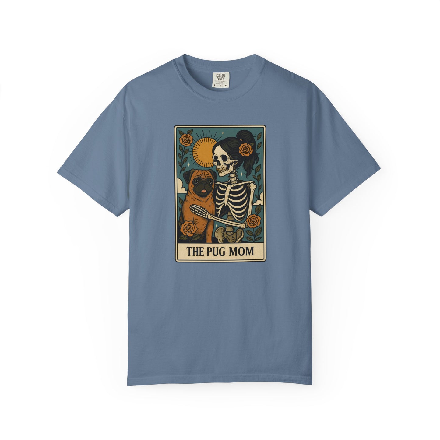 Pug Mom Shirt, Comfort Colors® Skeleton Tarot Card Dog Mom Halloween T-Shirt, Spooky Season Pug Lover Fall Tee for Women, Pug Dog Gift