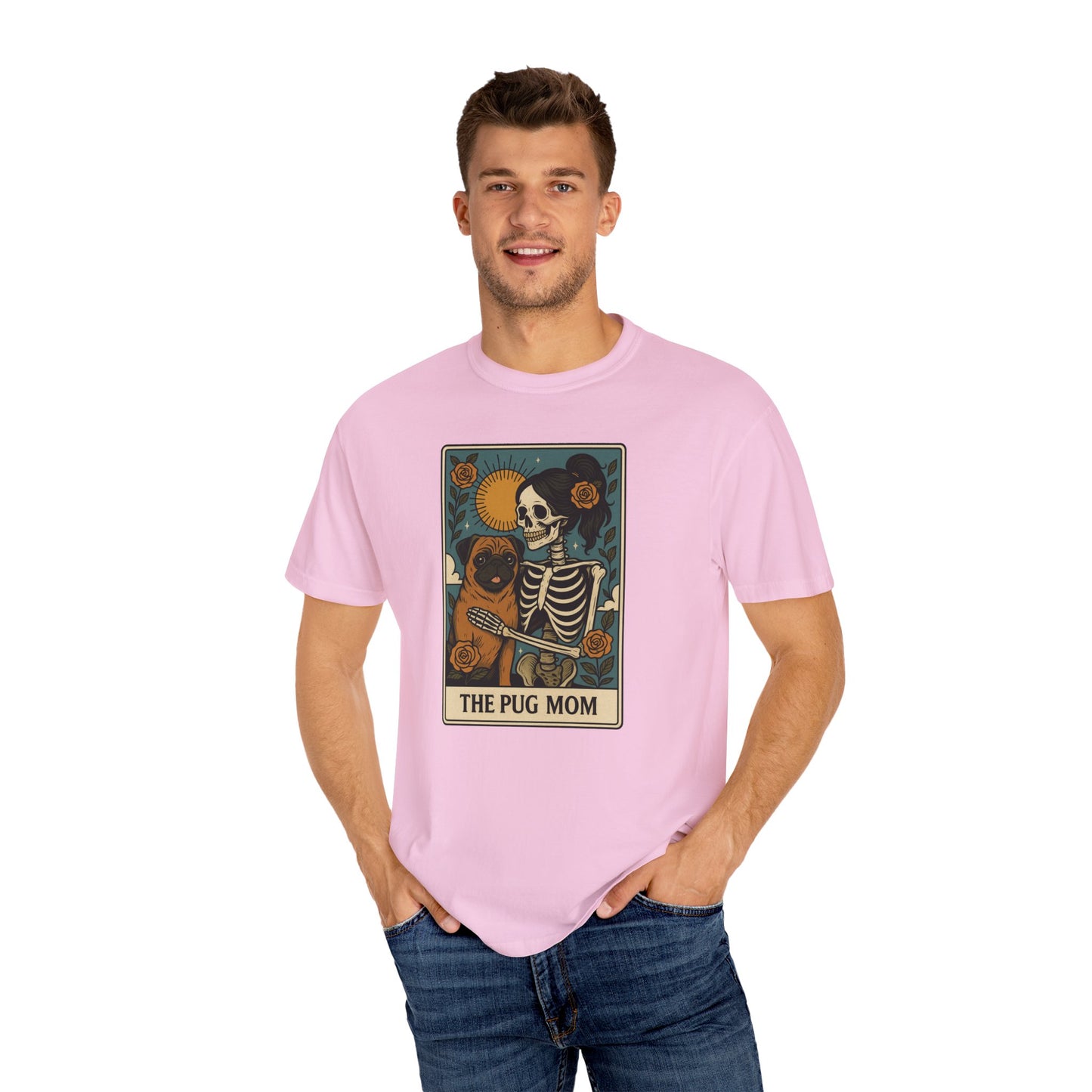Pug Mom Shirt, Comfort Colors® Skeleton Tarot Card Dog Mom Halloween T-Shirt, Spooky Season Pug Lover Fall Tee for Women, Pug Dog Gift