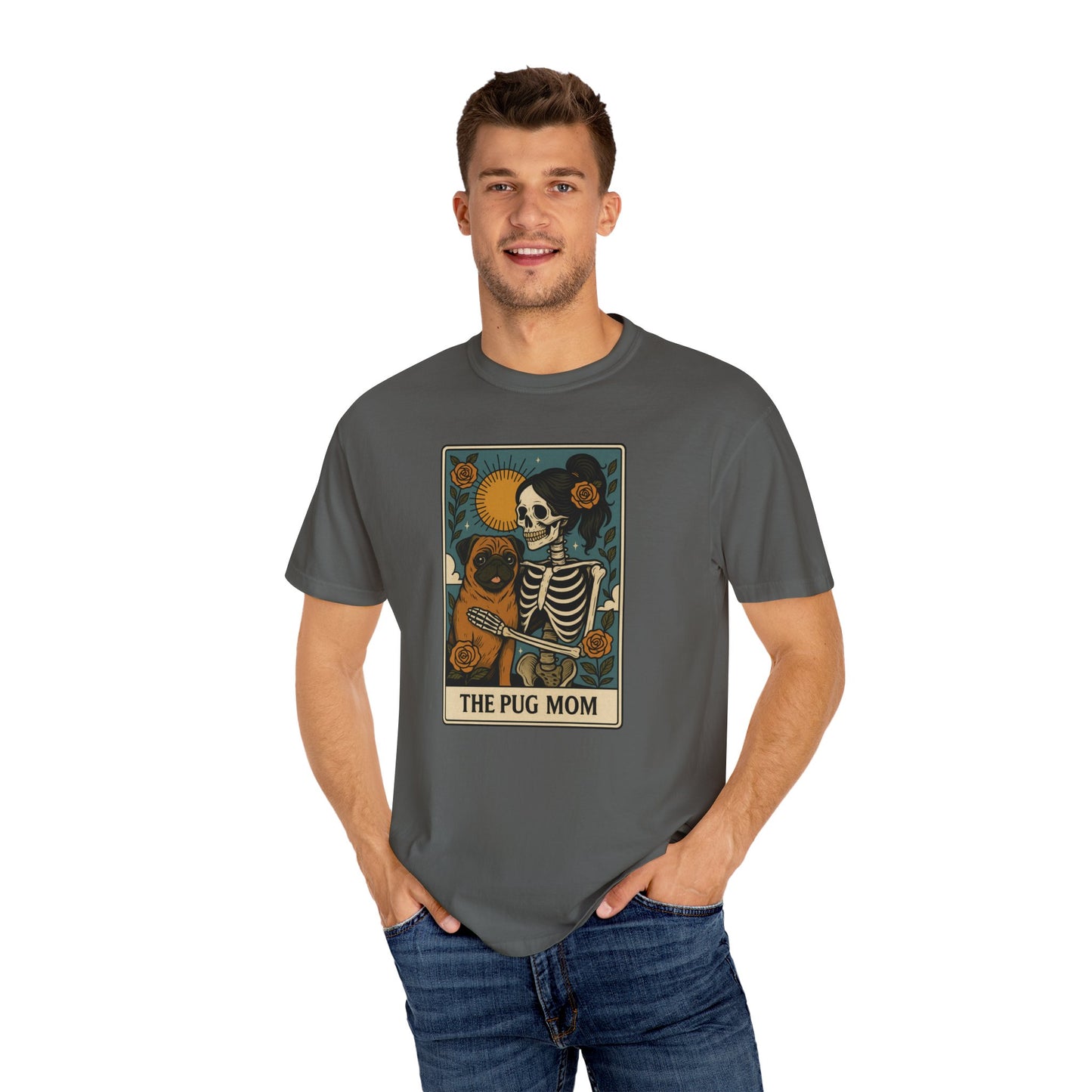 Pug Mom Shirt, Comfort Colors® Skeleton Tarot Card Dog Mom Halloween T-Shirt, Spooky Season Pug Lover Fall Tee for Women, Pug Dog Gift