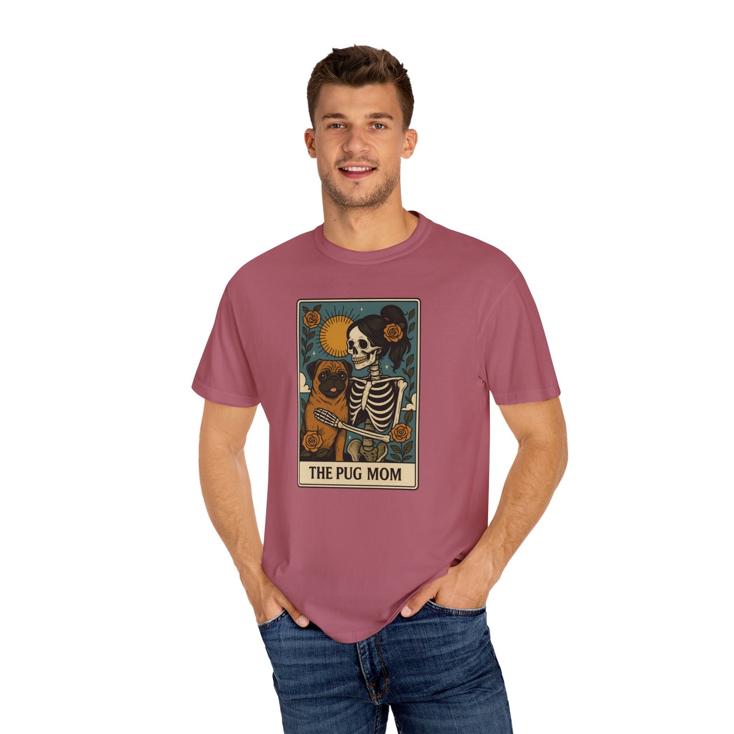 Pug Mom Shirt, Comfort Colors® Skeleton Tarot Card Dog Mom Halloween T-Shirt, Spooky Season Pug Lover Fall Tee for Women, Pug Dog Gift
