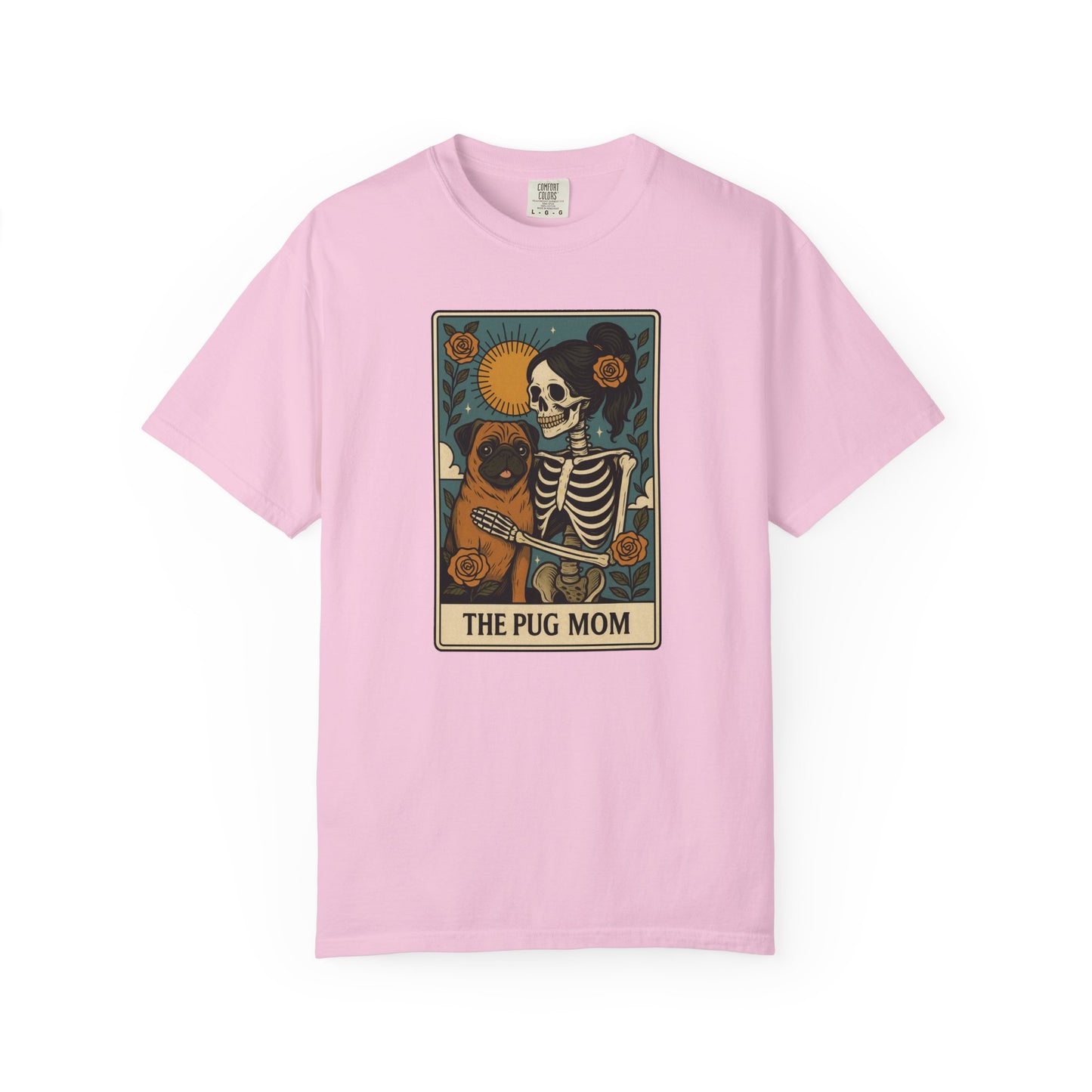 Pug Mom Shirt, Comfort Colors® Skeleton Tarot Card Dog Mom Halloween T-Shirt, Spooky Season Pug Lover Fall Tee for Women, Pug Dog Gift