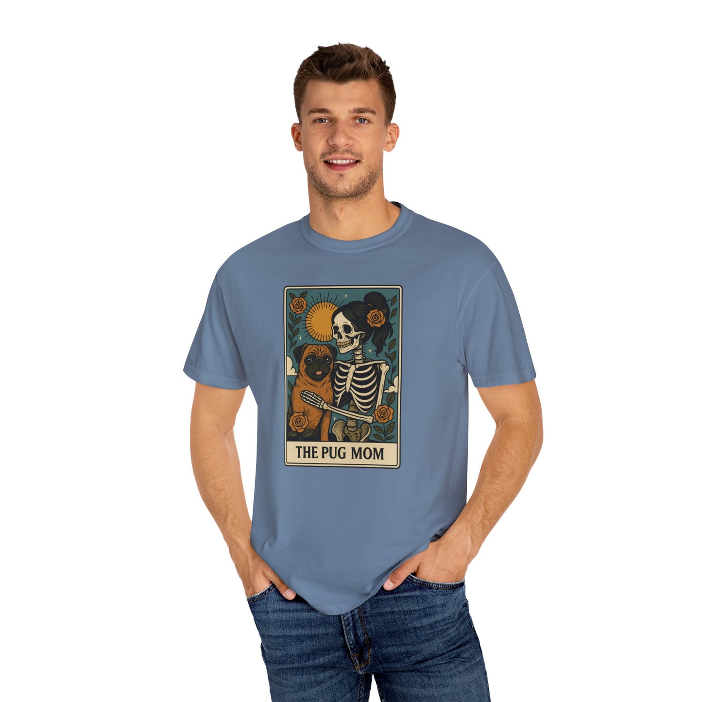Pug Mom Shirt, Comfort Colors® Skeleton Tarot Card Dog Mom Halloween T-Shirt, Spooky Season Pug Lover Fall Tee for Women, Pug Dog Gift