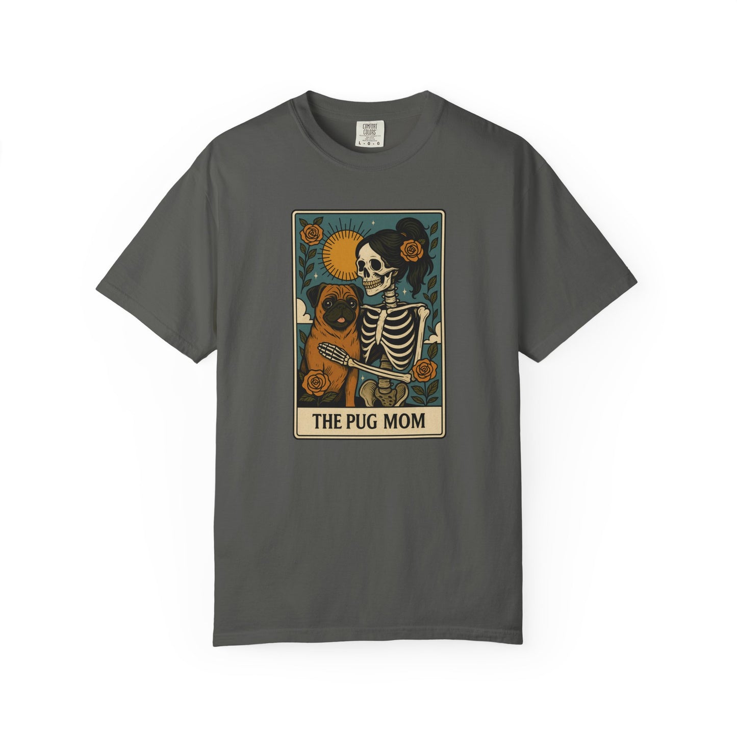 Pug Mom Shirt, Comfort Colors® Skeleton Tarot Card Dog Mom Halloween T-Shirt, Spooky Season Pug Lover Fall Tee for Women, Pug Dog Gift