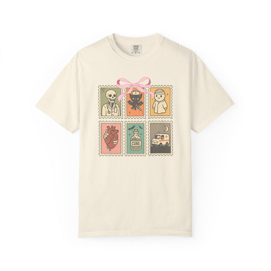 Retro Nurse Halloween Comfort Colors® Shirt, Coquette, Horror Hospital, Spooky Stamp, Skeleton, Ghost, Bat, Spooky Season, Gift for Nurse