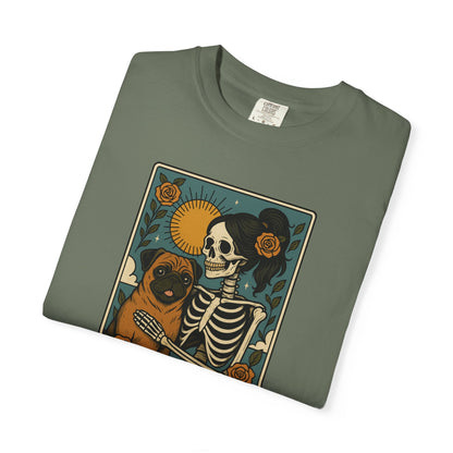 Pug Mom Shirt, Comfort Colors® Skeleton Tarot Card Dog Mom Halloween T-Shirt, Spooky Season Pug Lover Fall Tee for Women, Pug Dog Gift