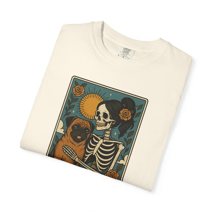 Pug Mom Shirt, Comfort Colors® Skeleton Tarot Card Dog Mom Halloween T-Shirt, Spooky Season Pug Lover Fall Tee for Women, Pug Dog Gift