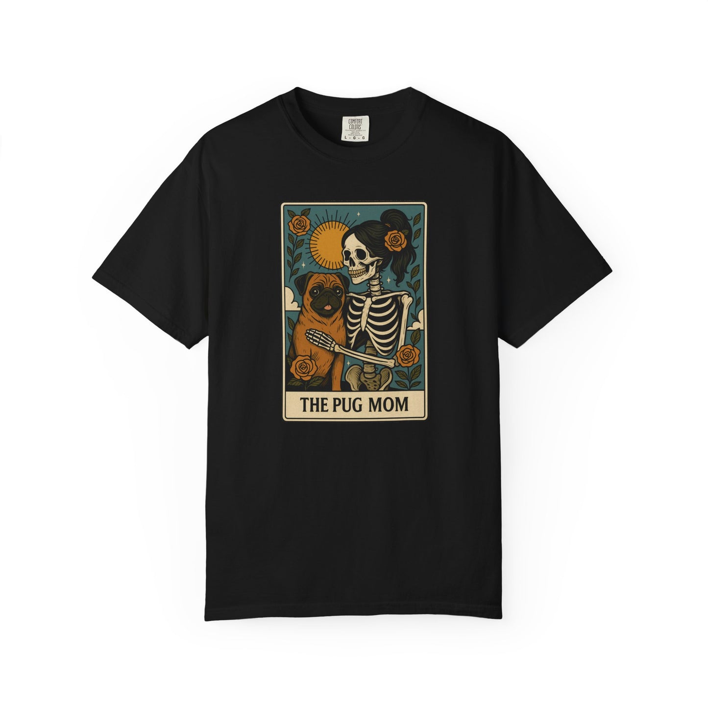 Pug Mom Shirt, Comfort Colors® Skeleton Tarot Card Dog Mom Halloween T-Shirt, Spooky Season Pug Lover Fall Tee for Women, Pug Dog Gift