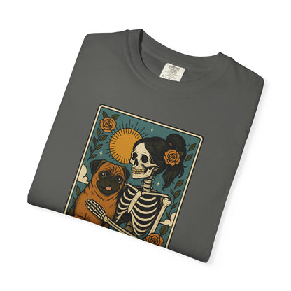 Pug Mom Shirt, Comfort Colors® Skeleton Tarot Card Dog Mom Halloween T-Shirt, Spooky Season Pug Lover Fall Tee for Women, Pug Dog Gift
