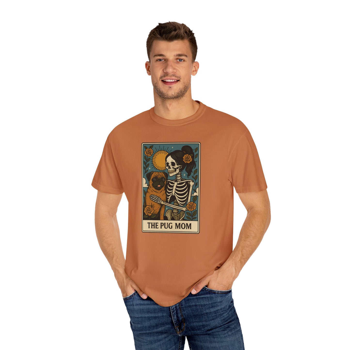 Pug Mom Shirt, Comfort Colors® Skeleton Tarot Card Dog Mom Halloween T-Shirt, Spooky Season Pug Lover Fall Tee for Women, Pug Dog Gift