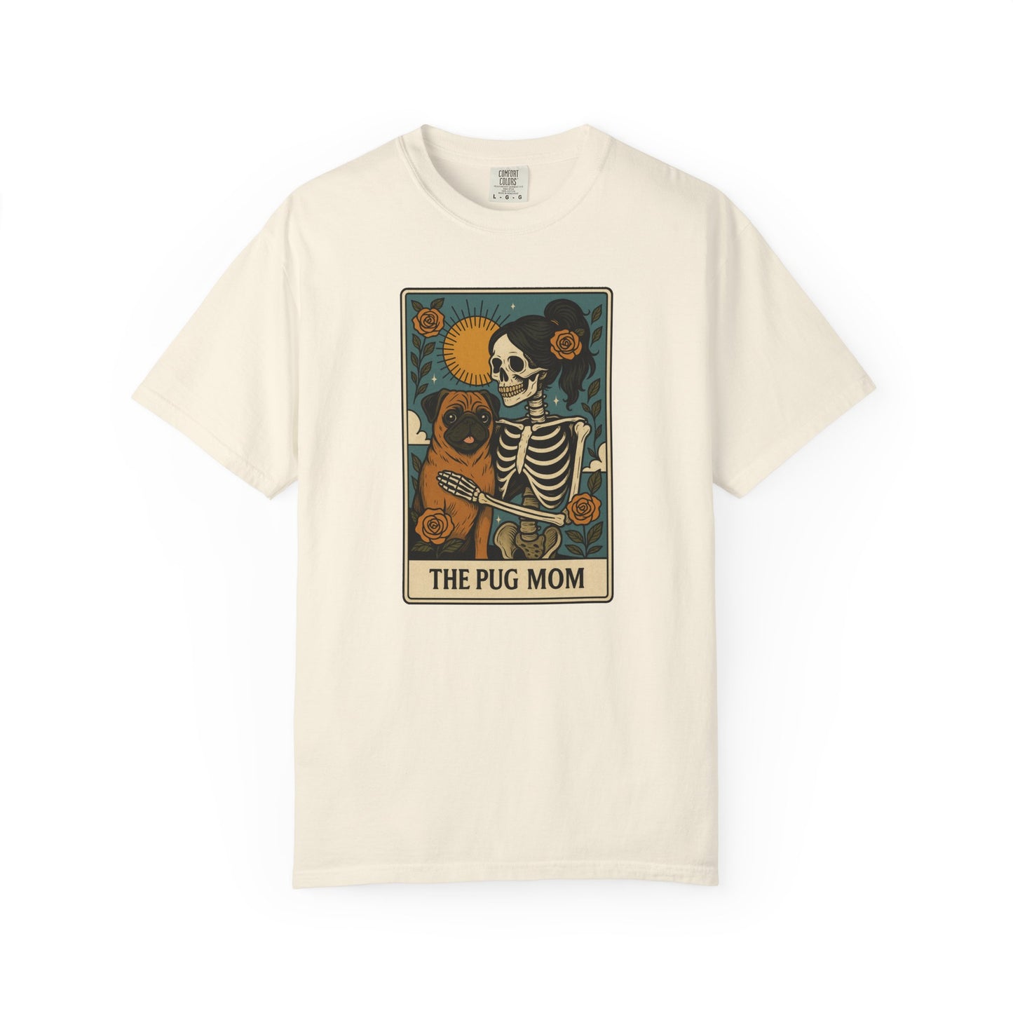 Pug Mom Shirt, Comfort Colors® Skeleton Tarot Card Dog Mom Halloween T-Shirt, Spooky Season Pug Lover Fall Tee for Women, Pug Dog Gift