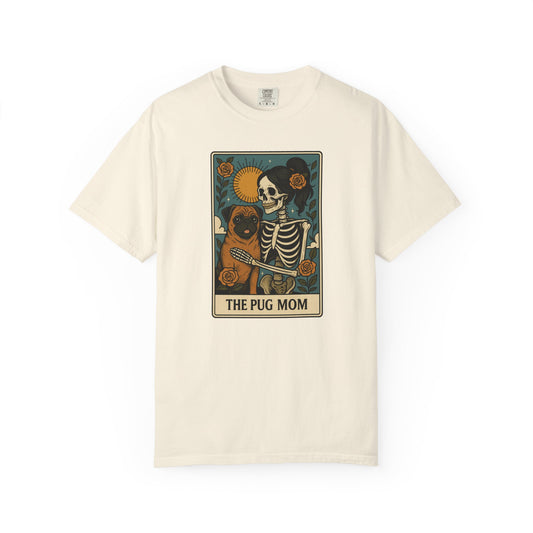 Pug Mom Shirt, Comfort Colors® Skeleton Tarot Card Dog Mom Halloween T-Shirt, Spooky Season Pug Lover Fall Tee for Women, Pug Dog Gift