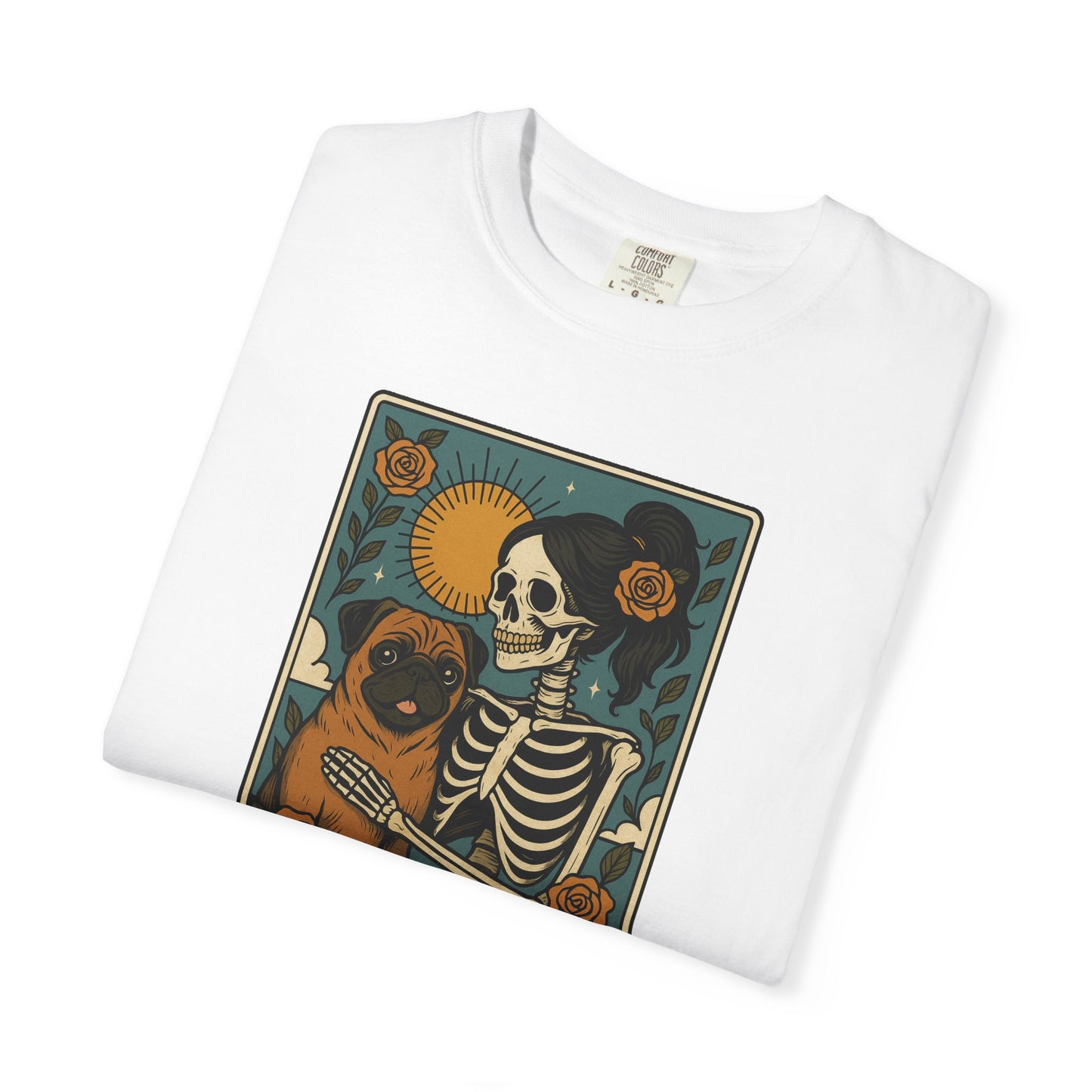 Pug Mom Shirt, Comfort Colors® Skeleton Tarot Card Dog Mom Halloween T-Shirt, Spooky Season Pug Lover Fall Tee for Women, Pug Dog Gift