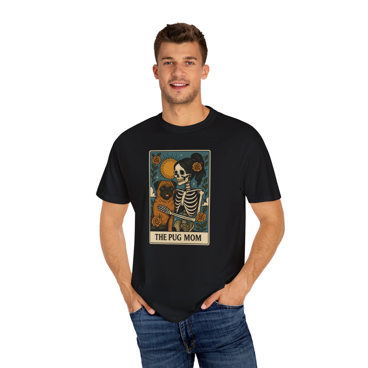 Pug Mom Shirt, Comfort Colors® Skeleton Tarot Card Dog Mom Halloween T-Shirt, Spooky Season Pug Lover Fall Tee for Women, Pug Dog Gift
