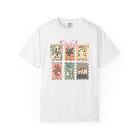 Retro Nurse Halloween Comfort Colors® Shirt, Coquette, Horror Hospital, Spooky Stamp, Skeleton, Ghost, Bat, Spooky Season, Gift for Nurse